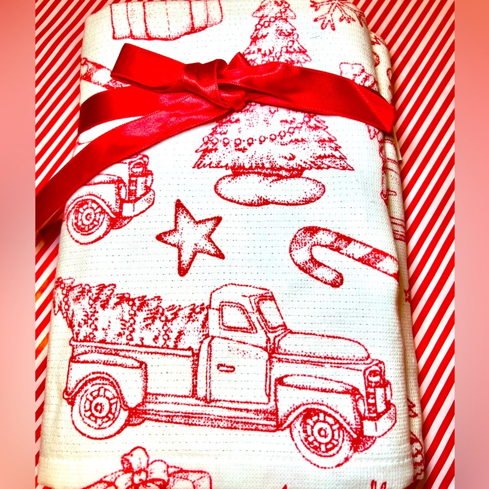 2 Christmas Bathroom Hand Towels Red Truck & Holiday Tree Silver Metallic Thread